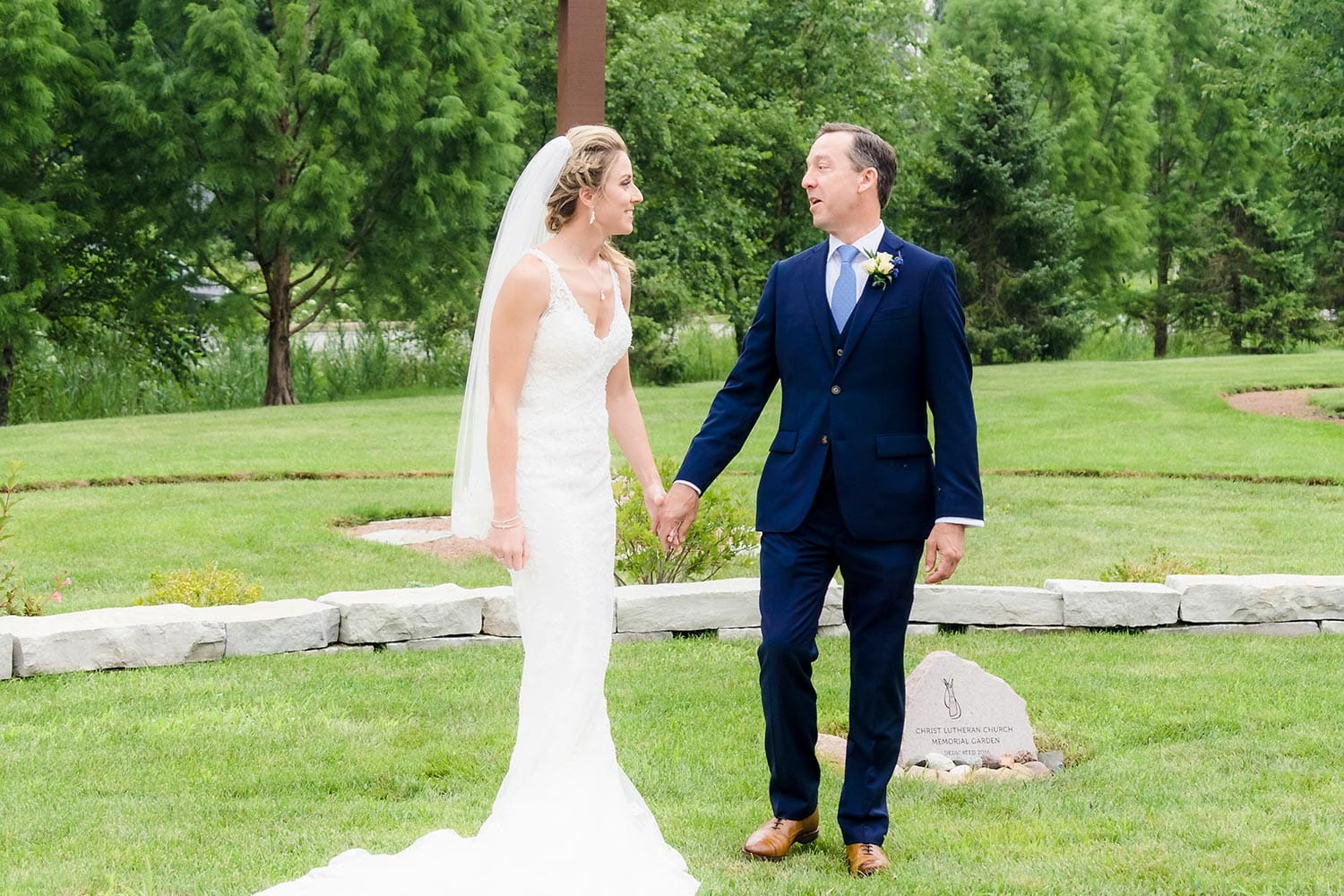 Bride and groom first look at Christ Lutheran Church in Valparaiso, Indiana