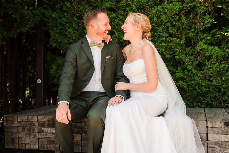 Bride and groom portrait at Lurie Garden in Chicago, IL