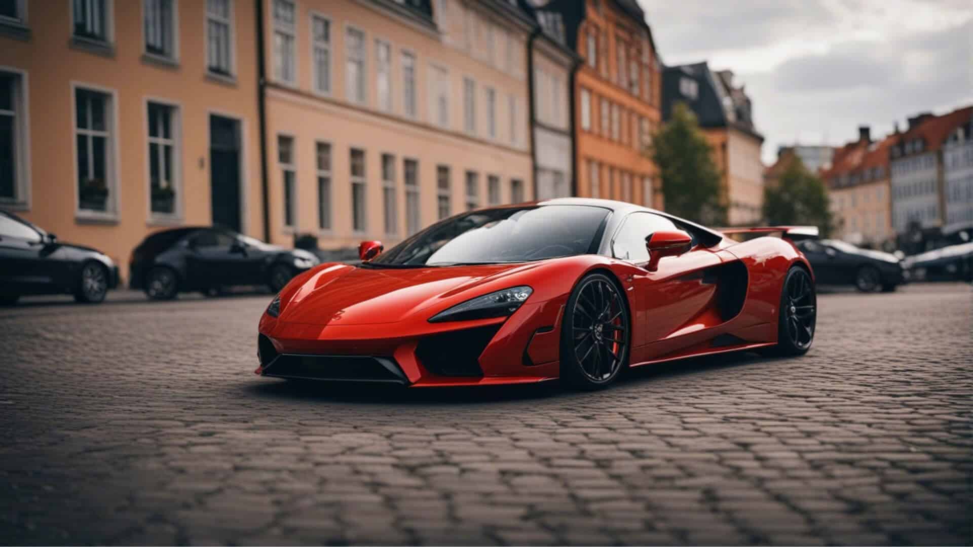 Rød sportsvogn parkeret på brostensbelagt gade med bygninger i baggrunden.