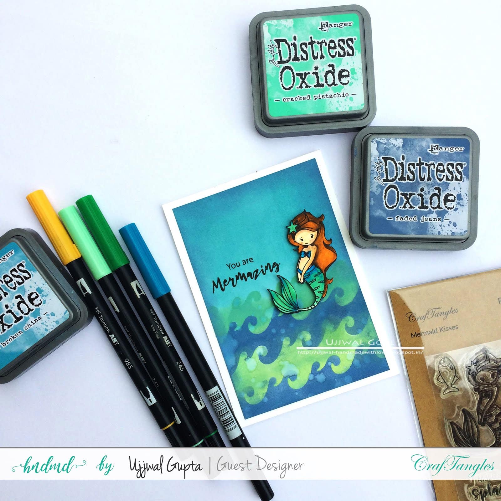 Mermaid cards with distress oxides and craftangles stencils 2