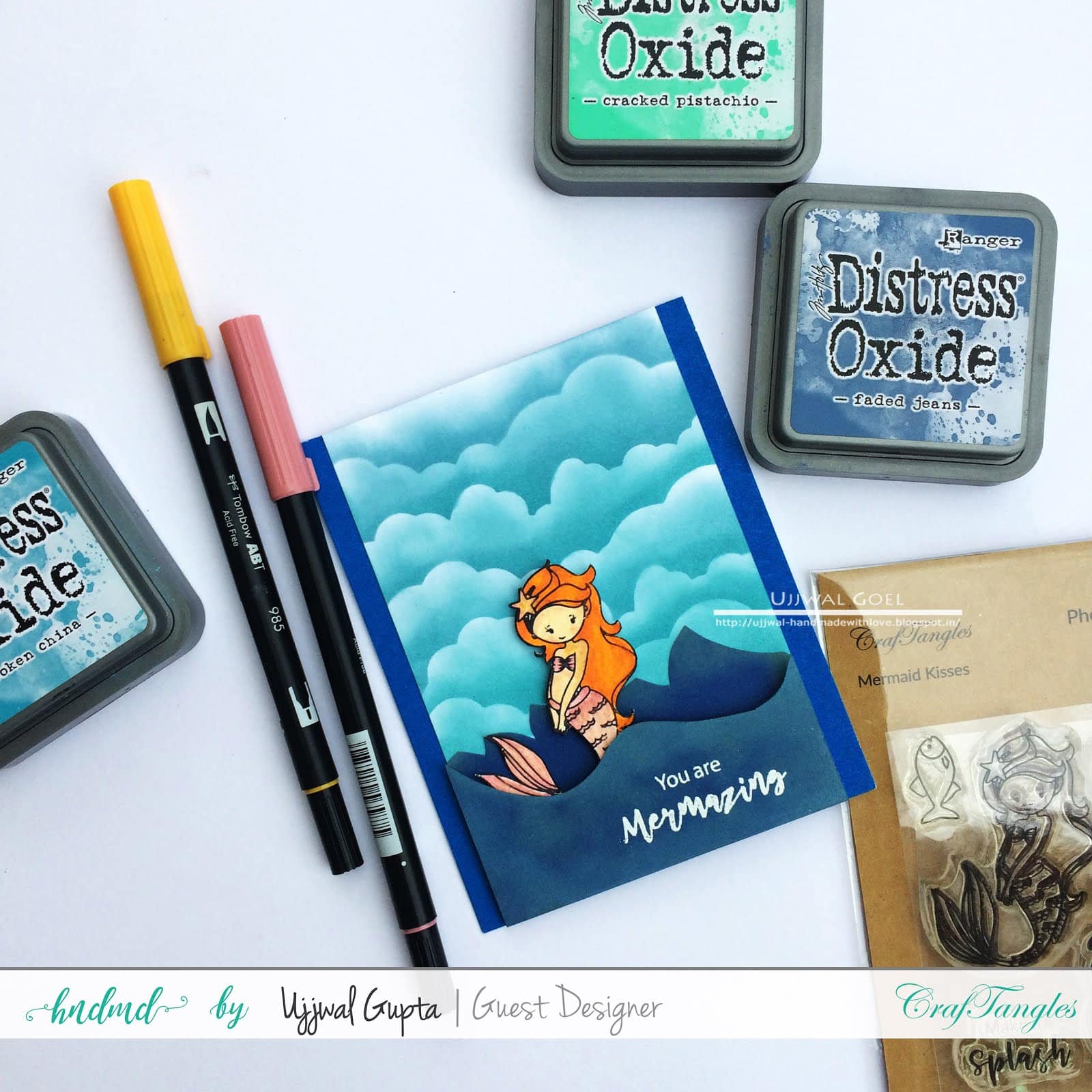 Mermaid cards with distress oxides and craftangles stencils 4