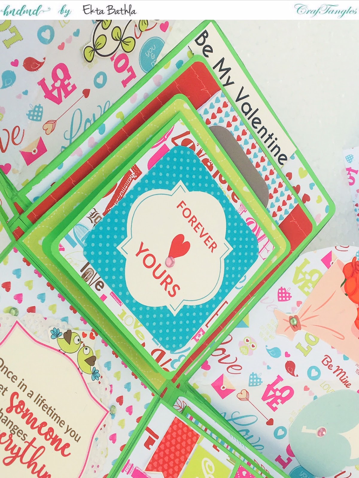 Love themed explosion box using CrafTangles Be My Valentine paper and element packs 5