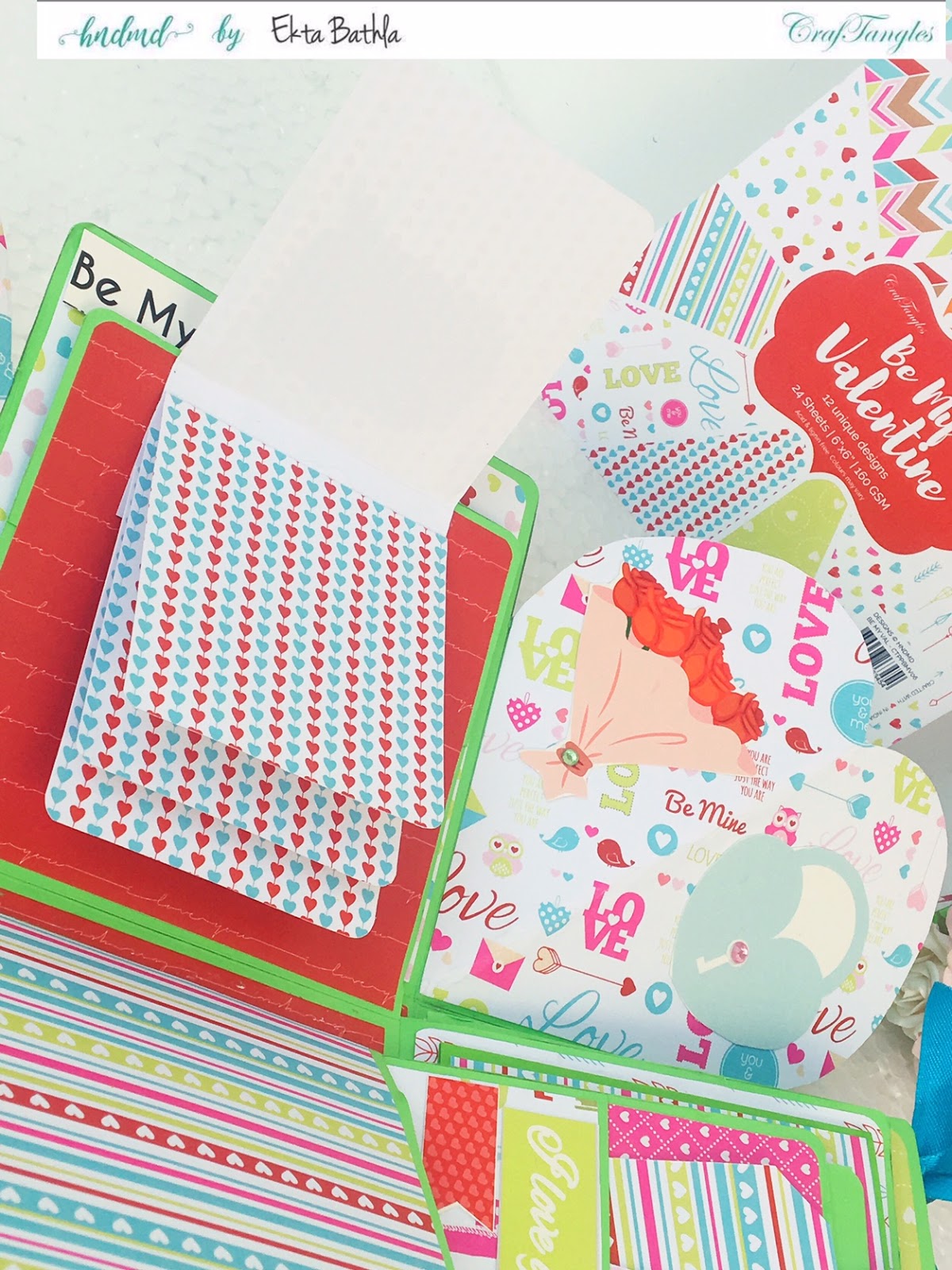 Love themed explosion box using CrafTangles Be My Valentine paper and element packs 2