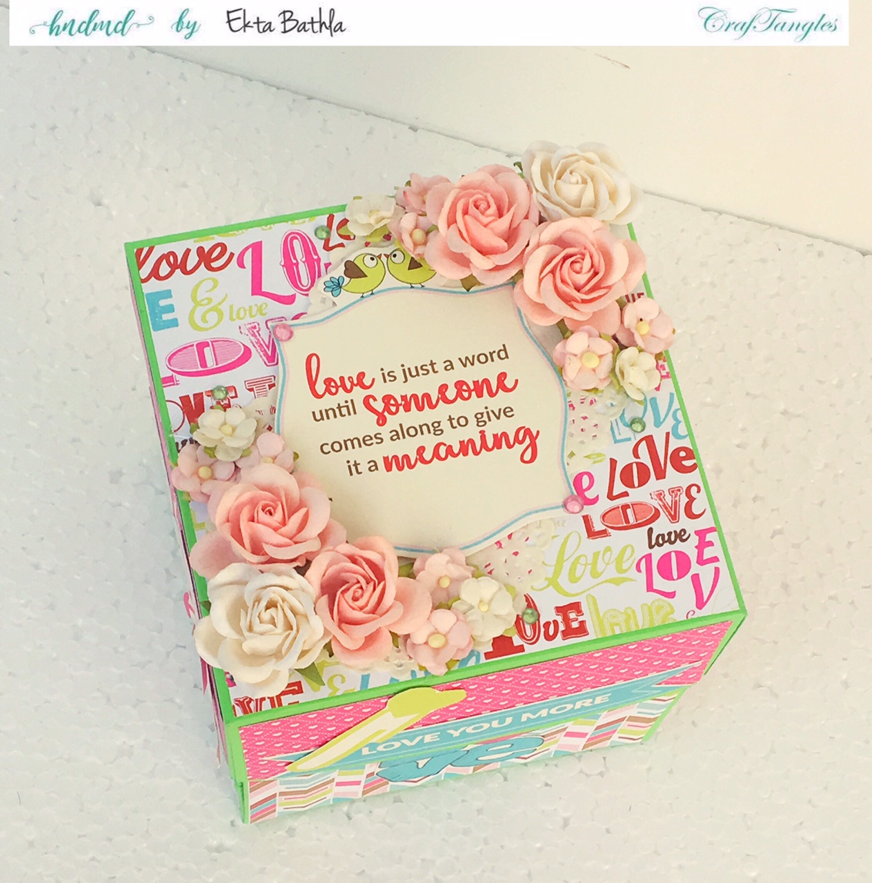 Love themed explosion box using CrafTangles Be My Valentine paper and element packs 14