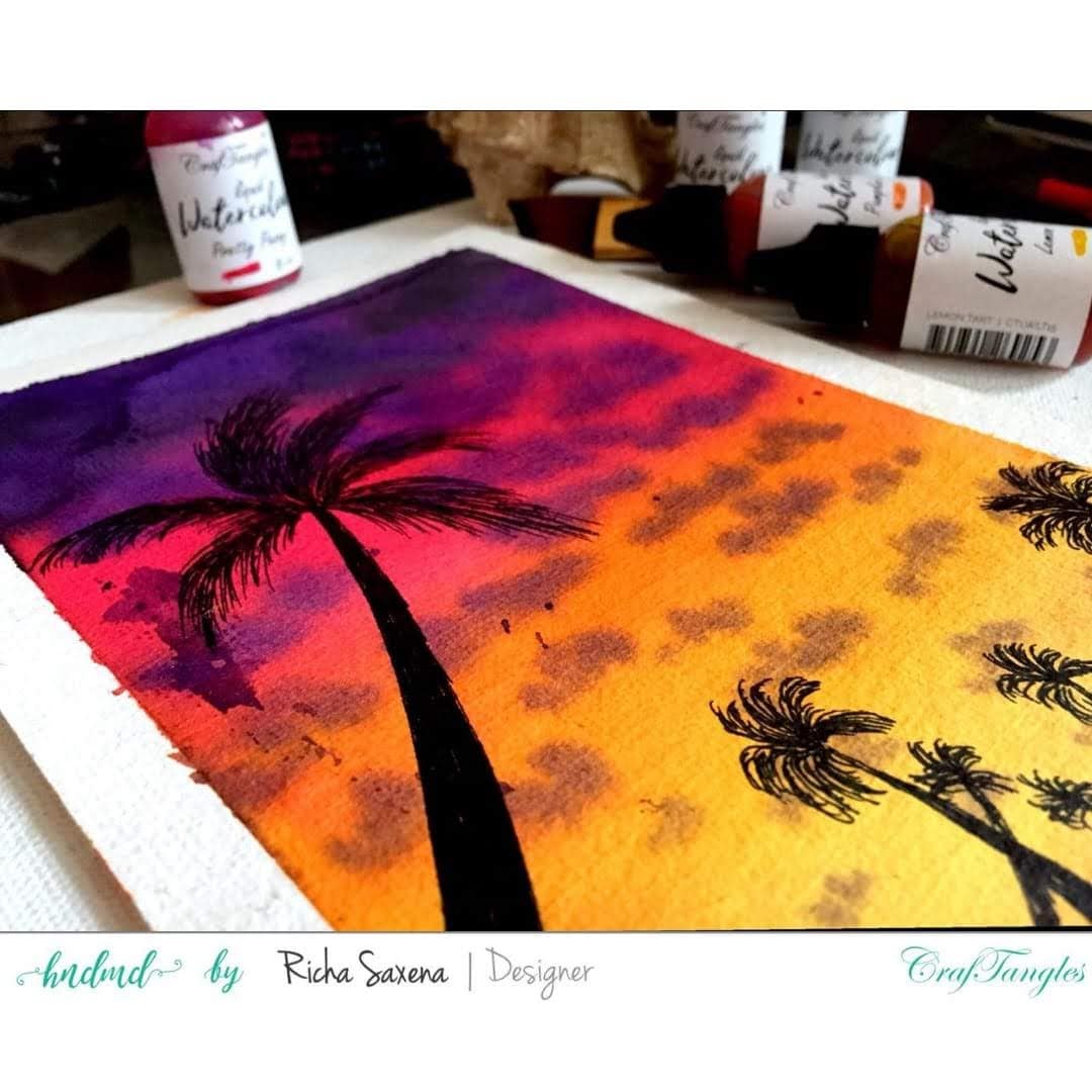 Beach Sunset watercolor tutorial using CrafTangles watercolor products by Richa 3