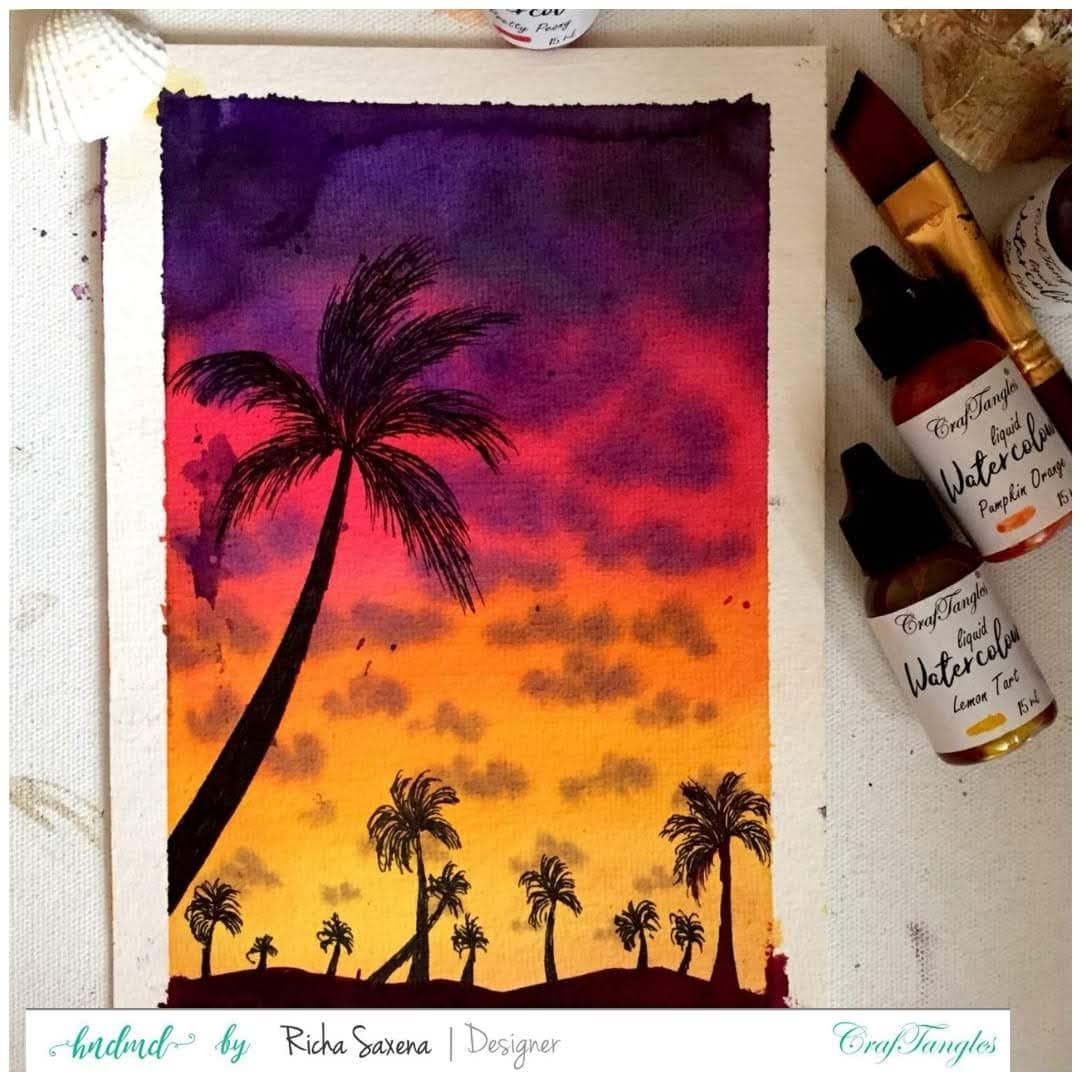 Beach Sunset watercolor tutorial using CrafTangles watercolor products by Richa 4