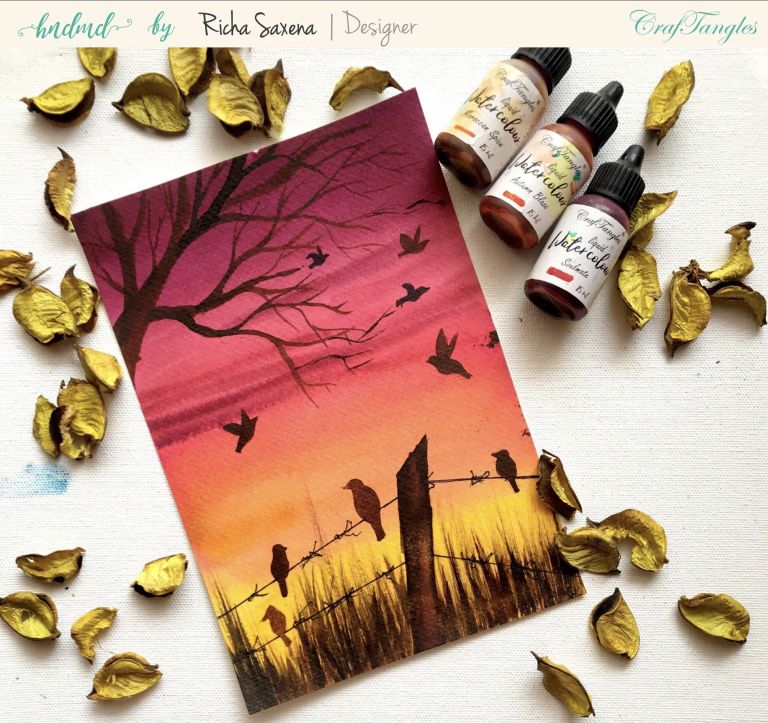 Create easy Watercolour farm sunset scene 3 Create easy Watercolour farm sunset scene 2