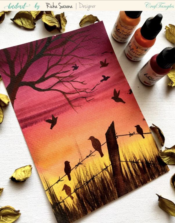 Create easy Watercolour farm sunset scene 2 Create easy Watercolour farm sunset scene 1