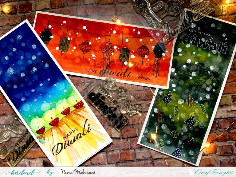 3 Festive slimline watercolour Diwali cards 2 diwali