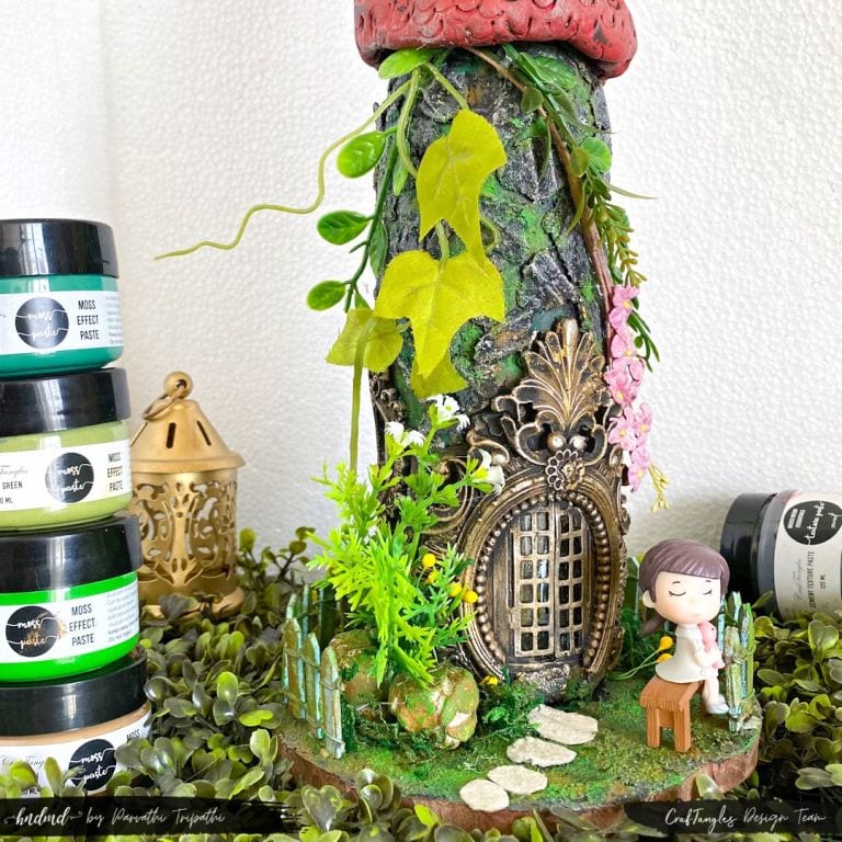 Funky Fairy house using Moss Effect Paste – Mixed Media Altered Bottle 1 fairy house