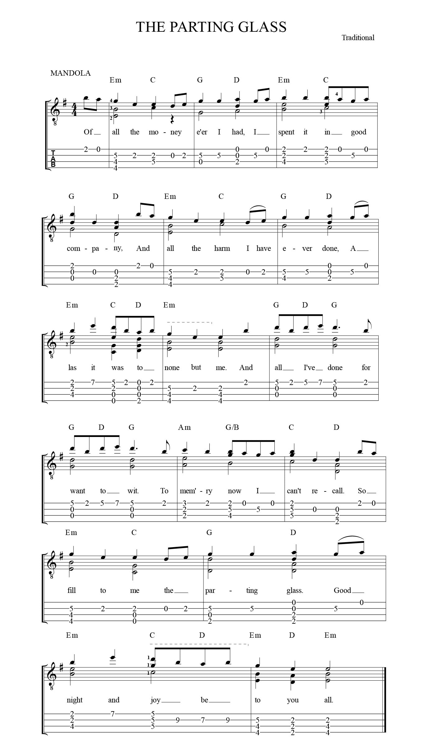 Mandola Parting Glass Tab Treble clef