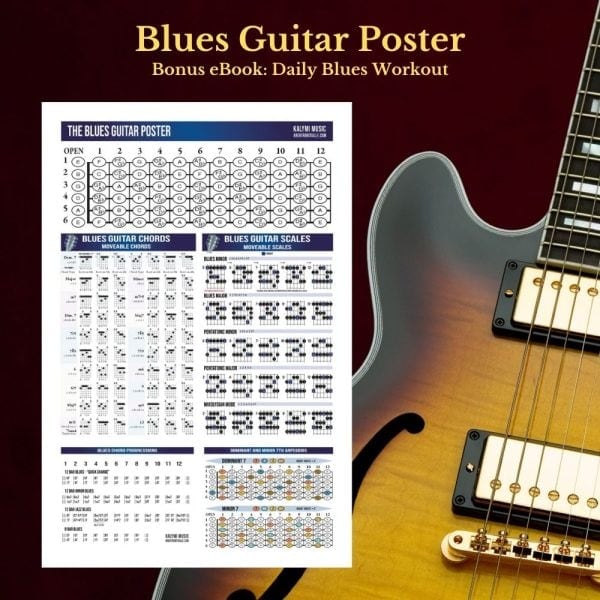 the Blues Guitar Poster and bonus Warmup eBook - picture of a poster and guitar