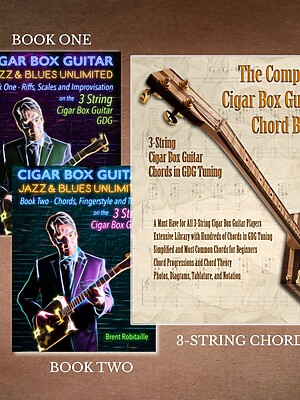 Cigar Box Guitar Jazz & Blues Unlimited 3-String eBook Bundle – three instructional books by Brent Robitaille