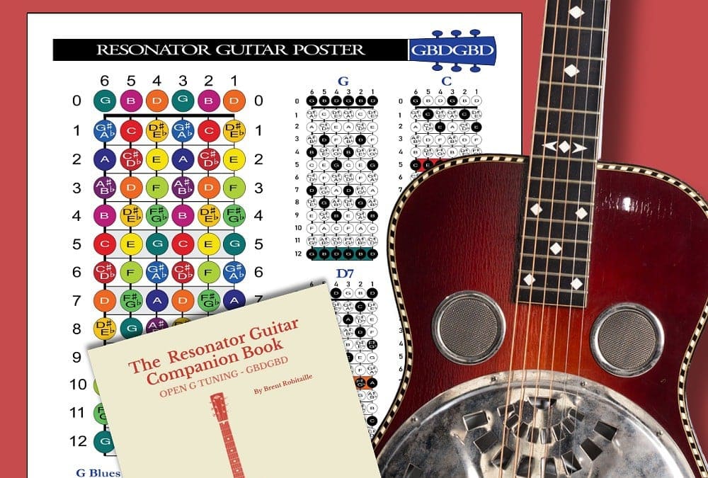Guitar resonator and fretboard chart with the book "The Resonator Guitar Companion Book" on chord and scale maps, highlighting guitar tuning and playing techniques.
