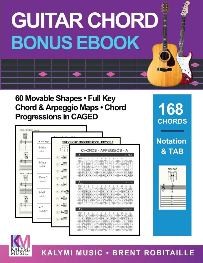 Guitar Chord Bonus eBook cover — 30 pages with 168 chords, notation & TAB (Kalymi Music)