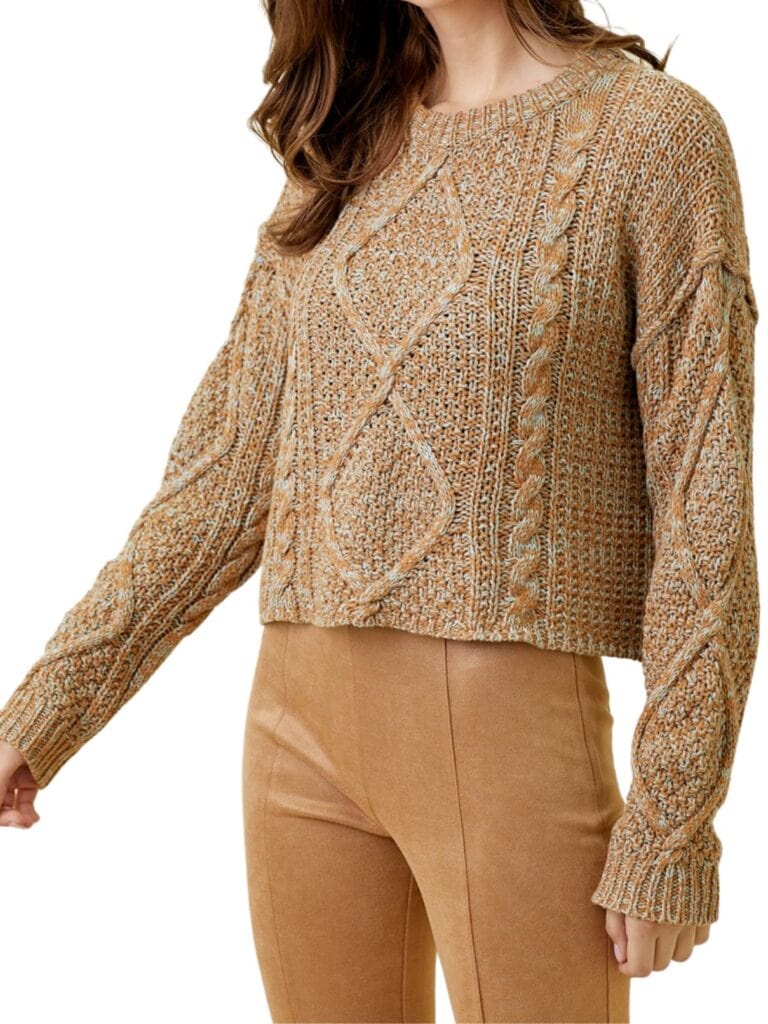 raw edge cable sweater in caramel