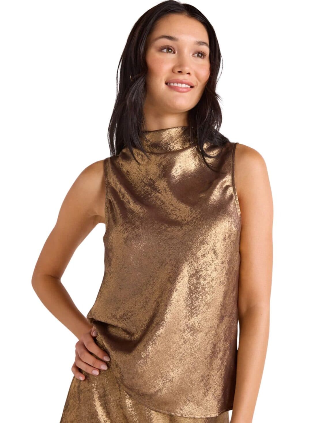 bella dahl cowl neck in gold metallic