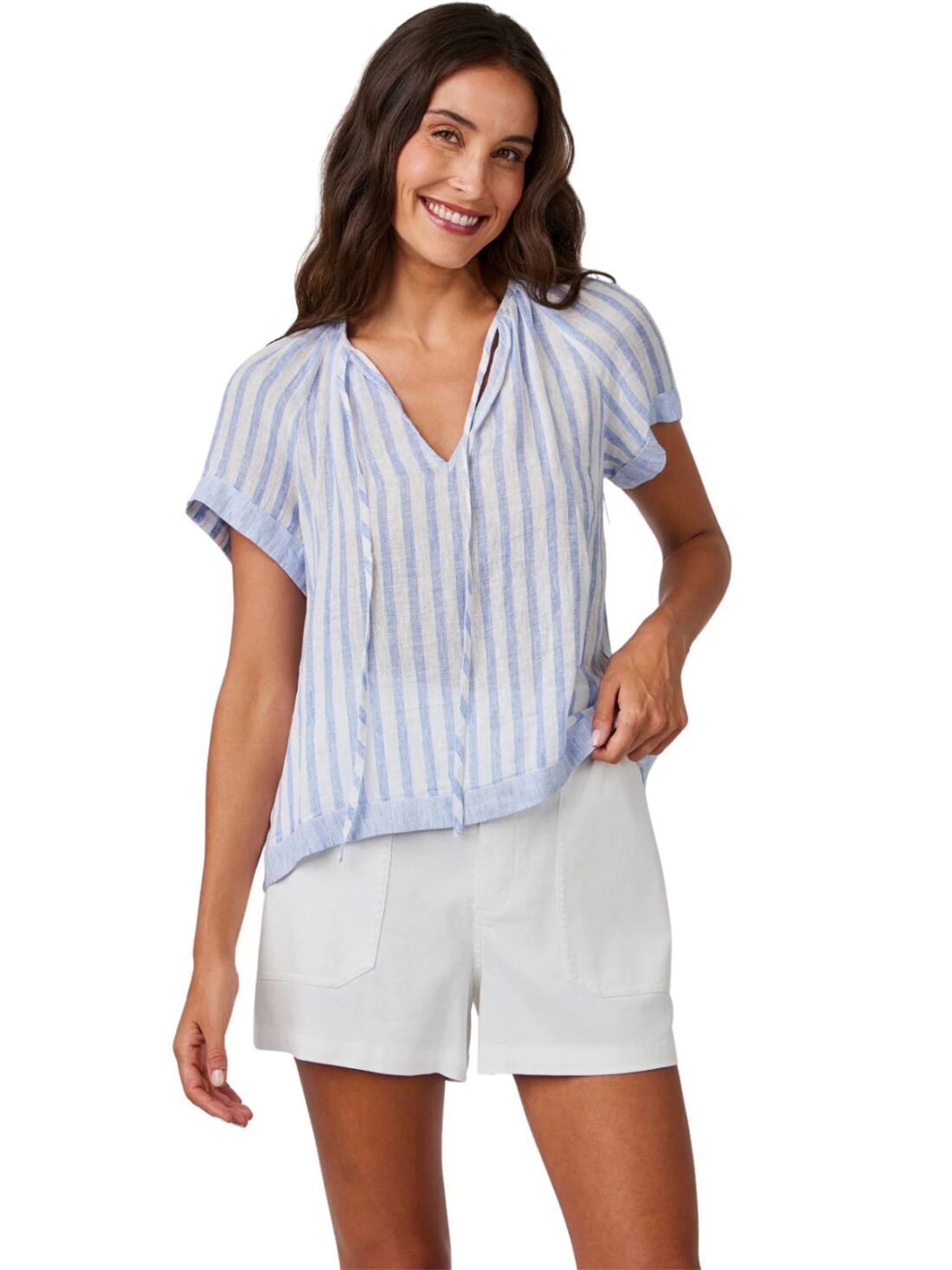 bella dahl s/s flowy raglan top in blue sky stripe