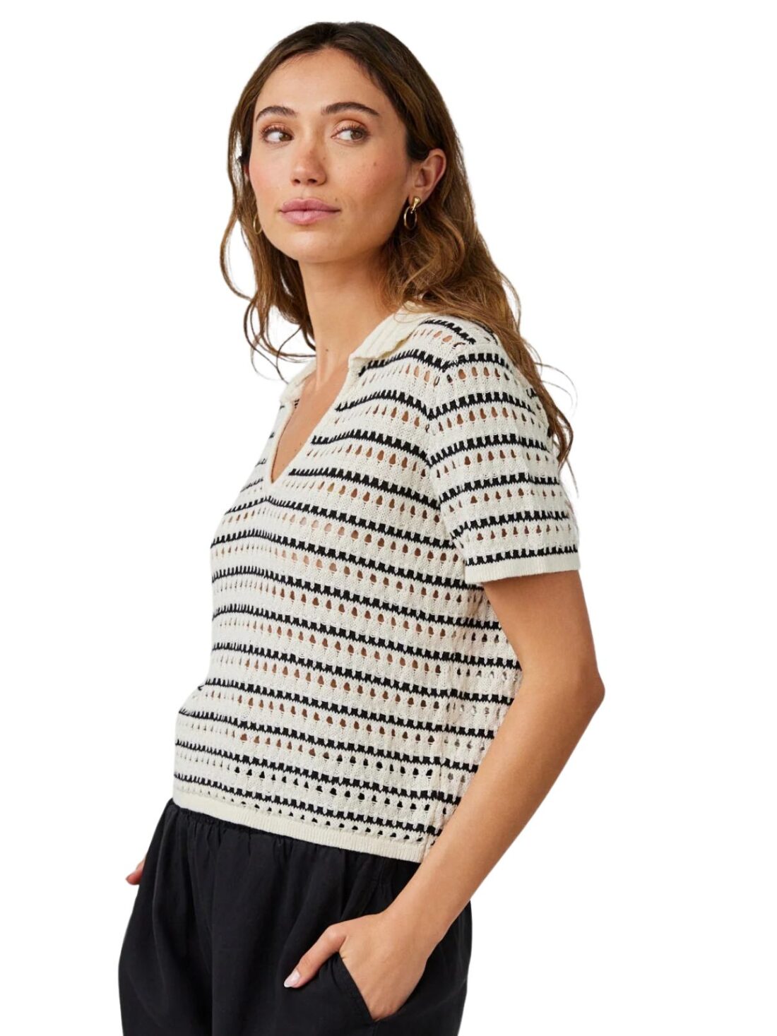 bella dahl striped collared sweater in black/ivory