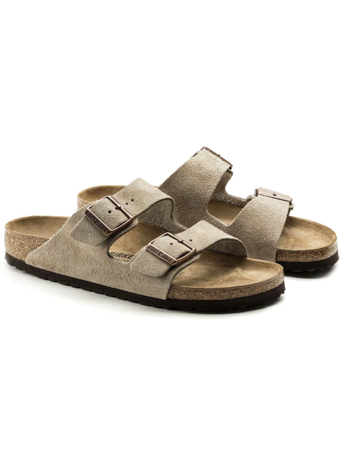 birkenstock arizona soft foot bed in taupe suede