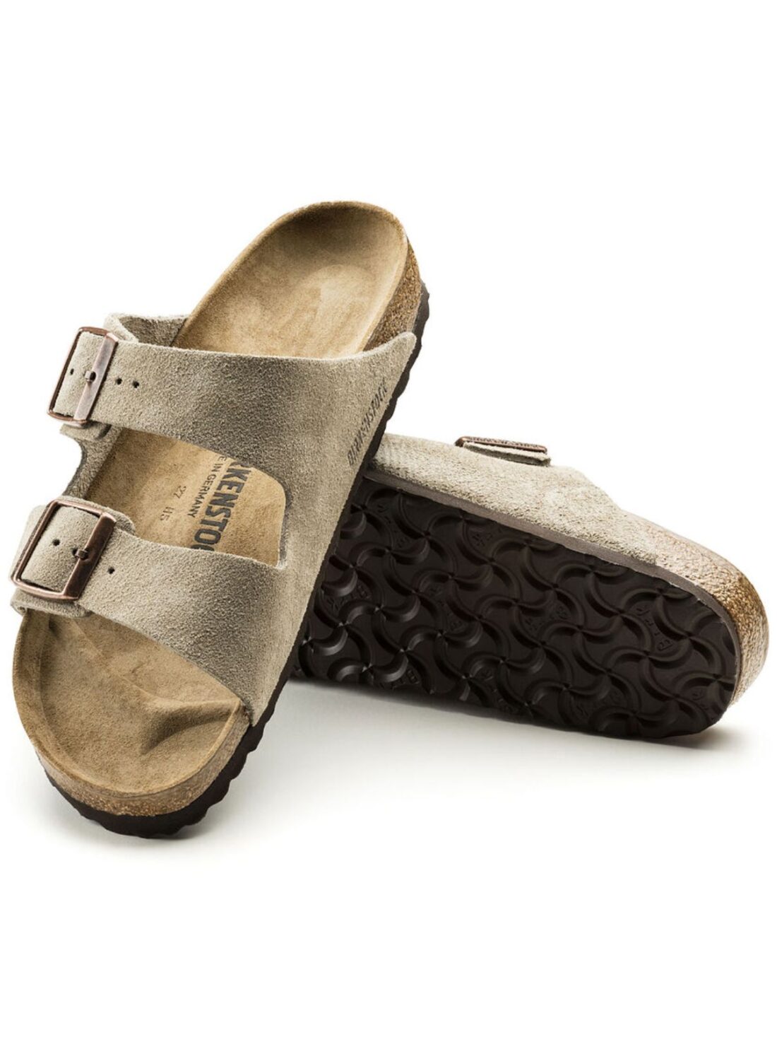 birkenstock arizona soft foot bed in taupe suede