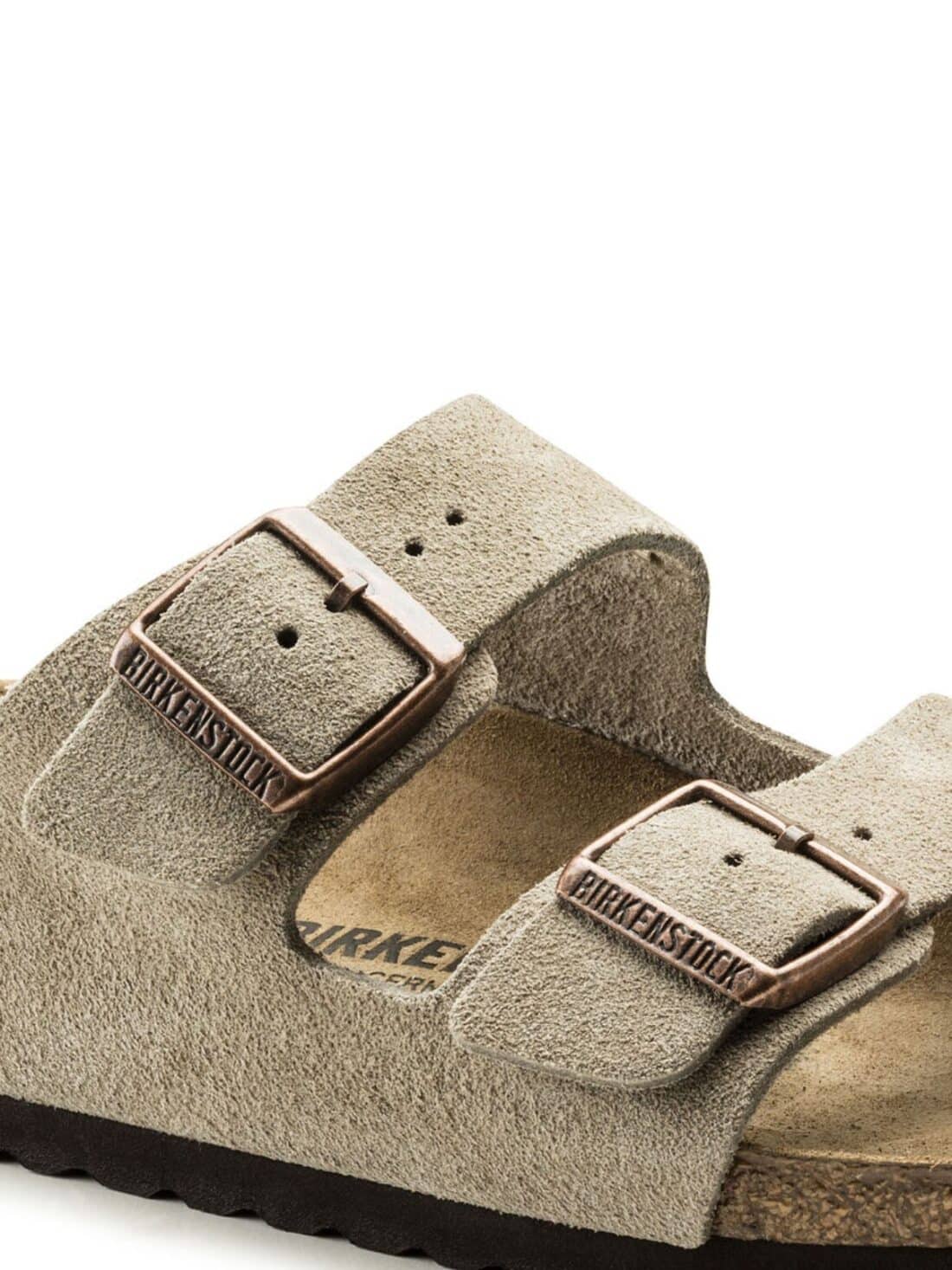 birkenstock arizona soft foot bed in taupe suede