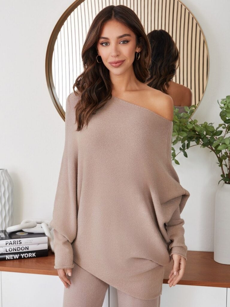 cotton island asymmetrical sweater in mocha