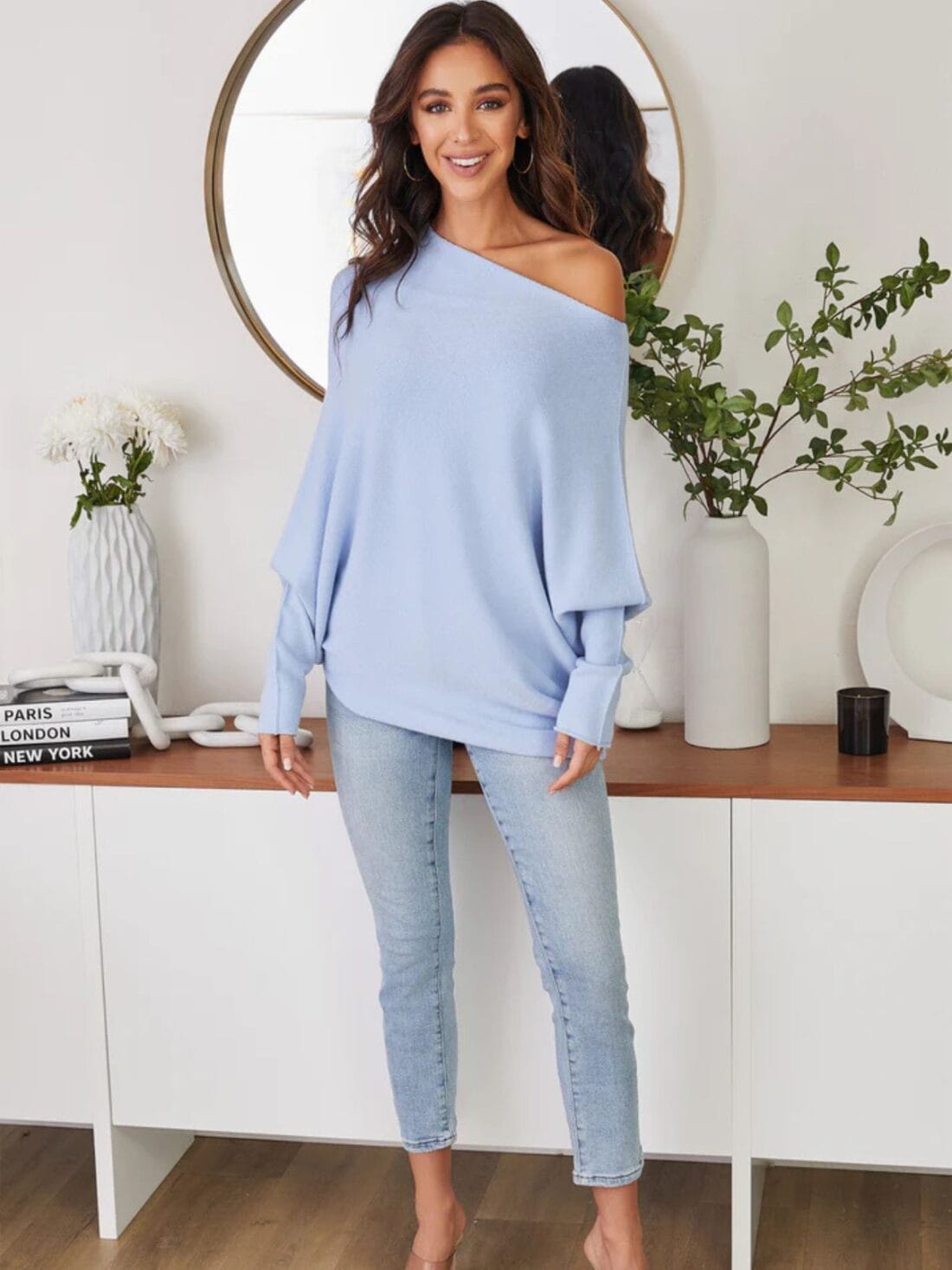 cotton island asymmetrical sweater in sky