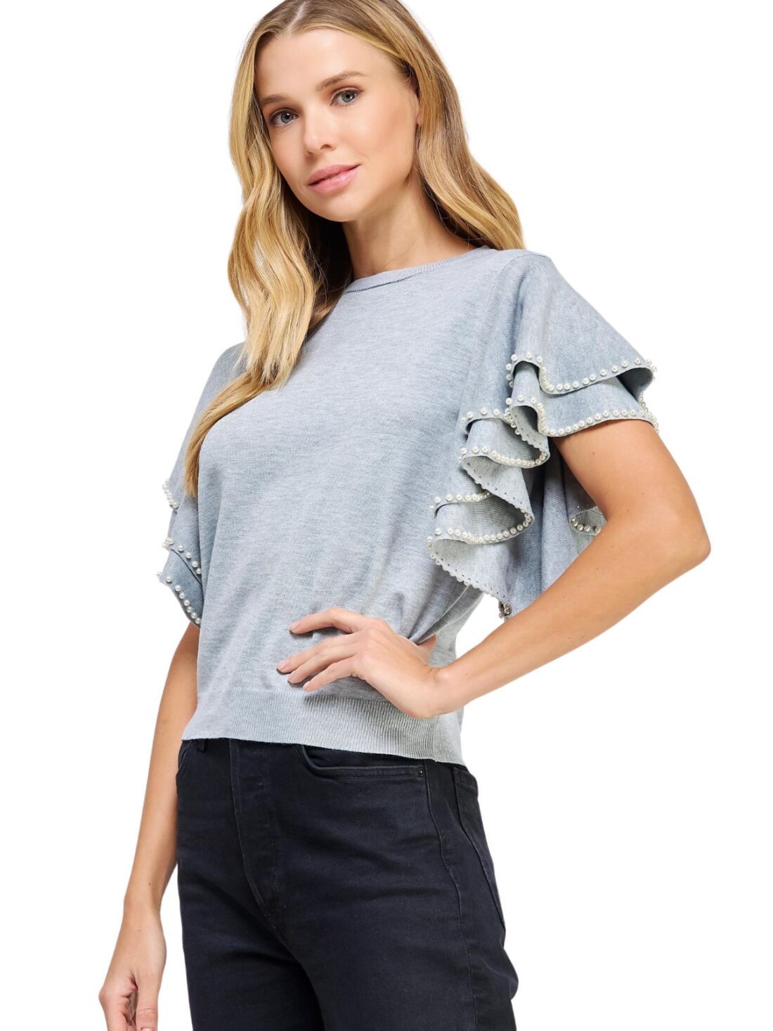 double layer ruffle with pearls top in heather grey