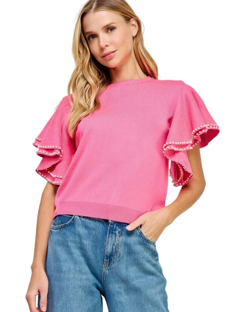 double layer ruffle with pearls top in hot pink