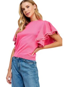 double layer ruffle with pearls top in hot pink