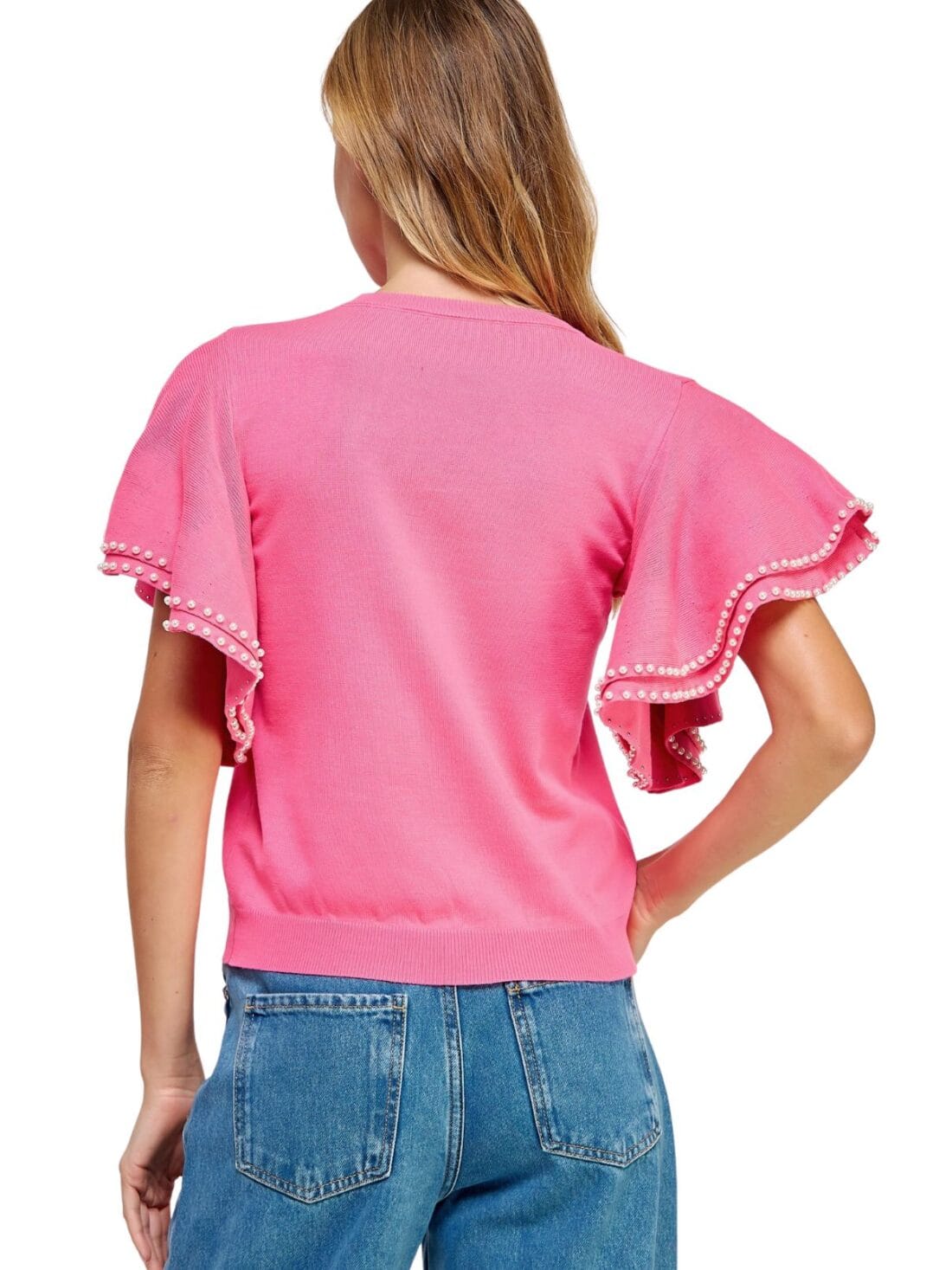 double layer ruffle with pearls top in hot pink