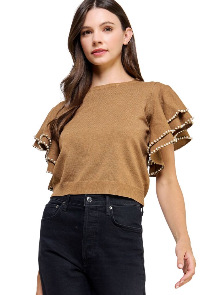 double layer ruffle with pearls top in tan