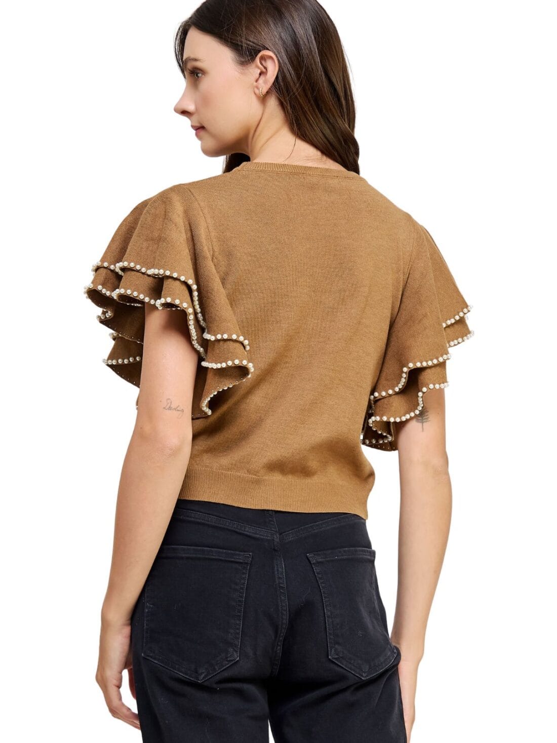 double layer ruffle with pearls top in tan