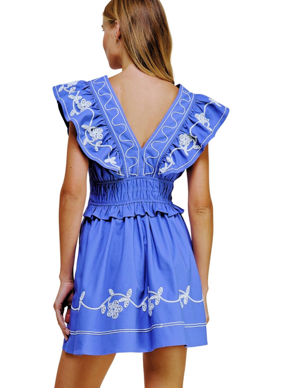 embroidered ruffle linen dress in dark peri blue