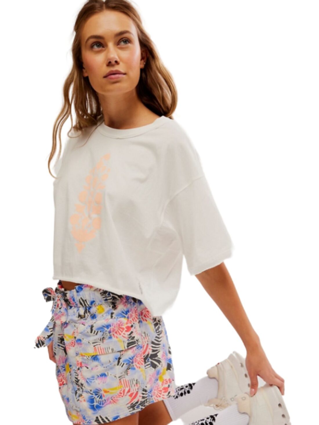 free people inspire tee logo in white/pastel peach