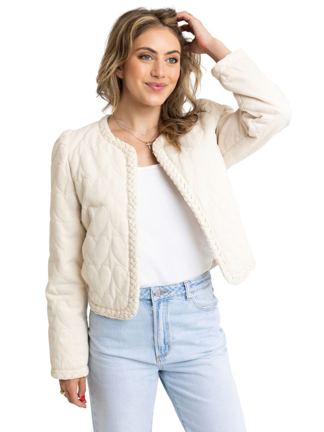 karlie denim heart stitch jacket in ivory