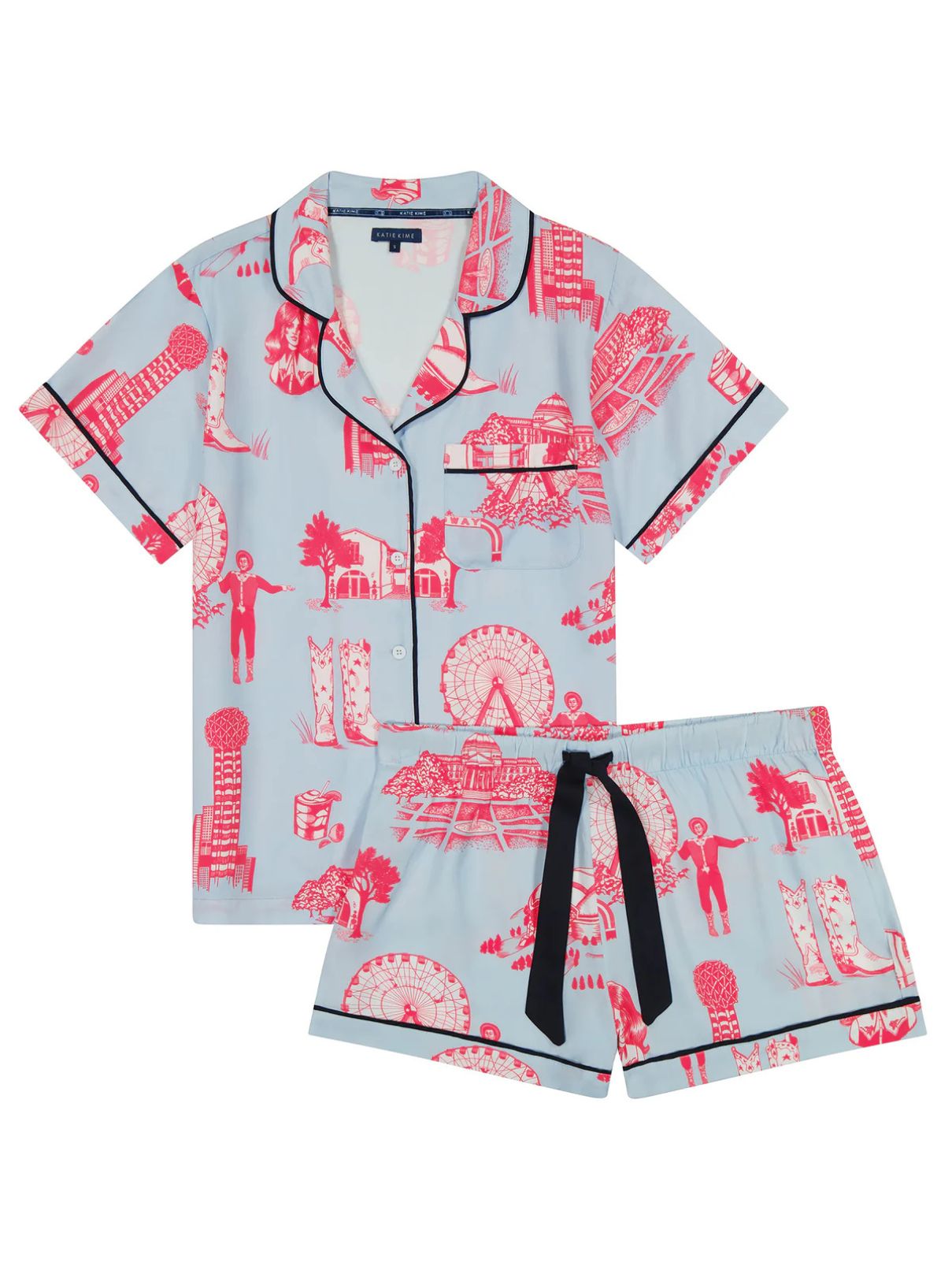 katie kime dallas toile pj short set in blue/pink