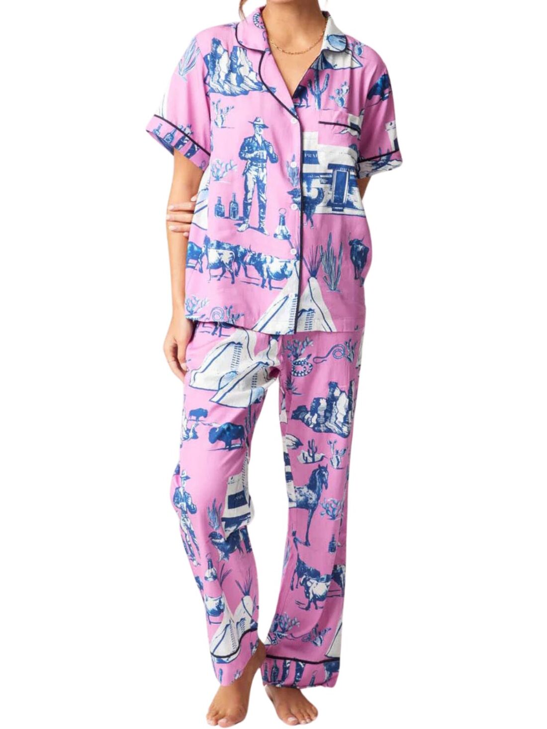 katie kime marfa toile pj set in pink/navy