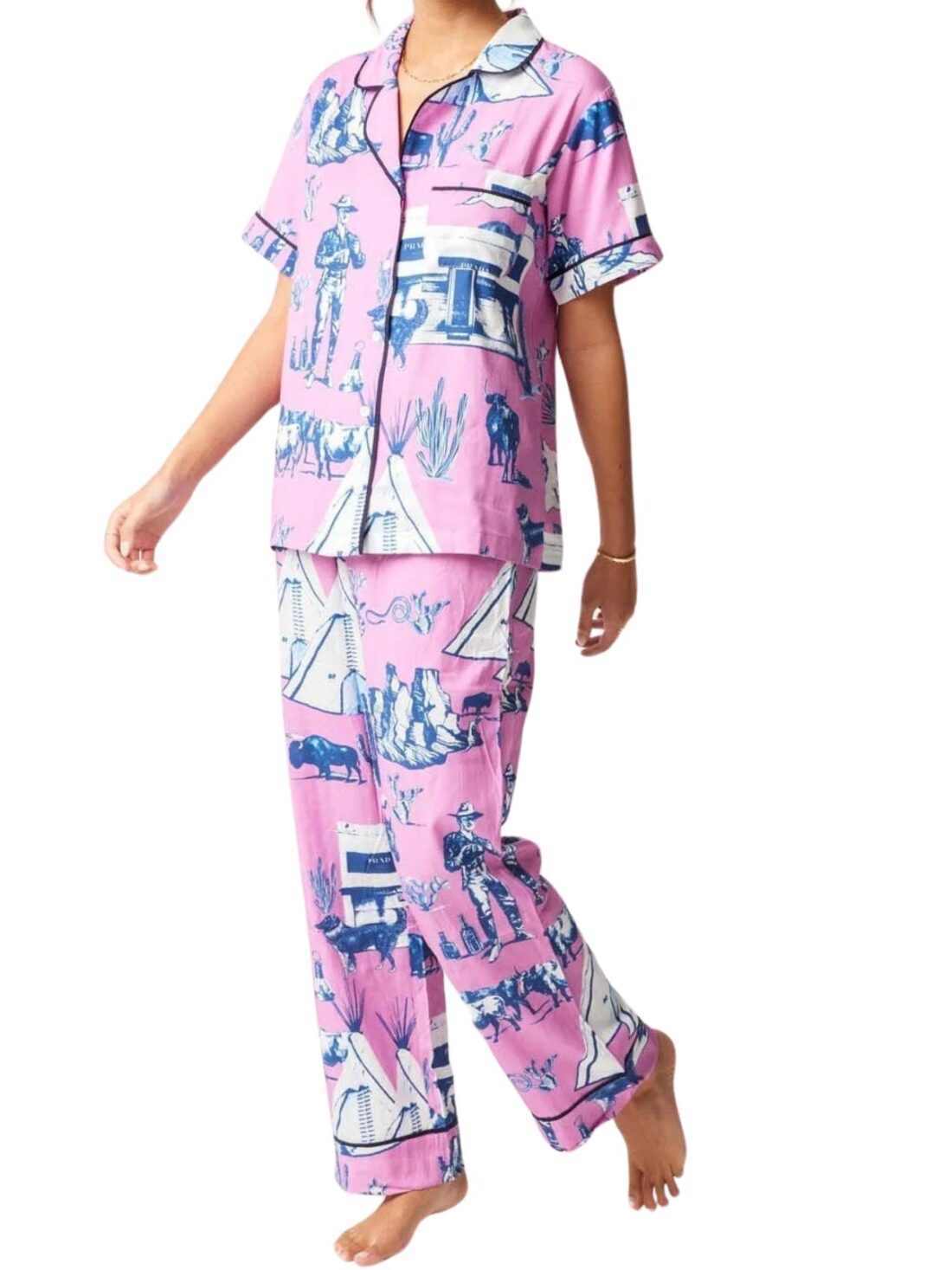 katie kime marfa toile pj set in pink/navy