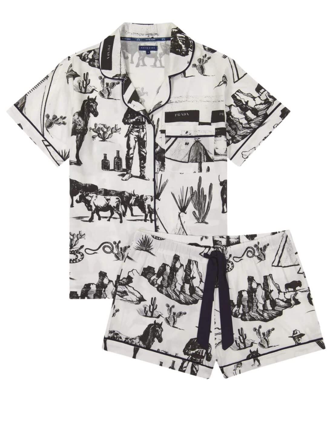 katie kime marfa toile pj short set in black and white