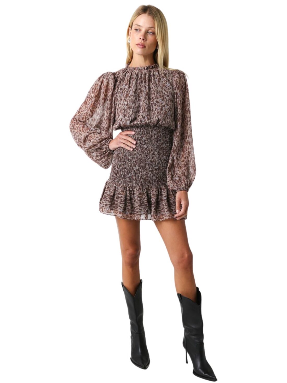 olivaceous l/s ruffle dress in sandstone