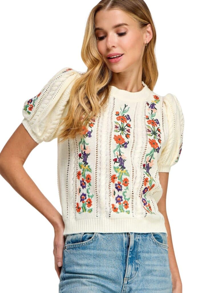 s/s embroidered sweater in cream multi