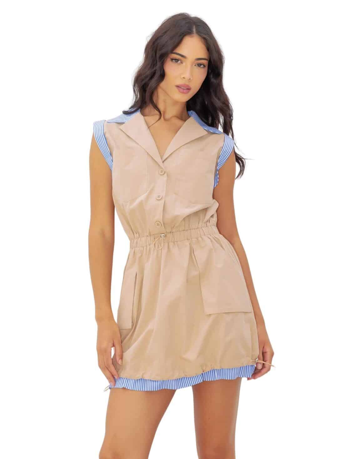 stripe poplin sleeveless dress in taupe/lt blue stripe