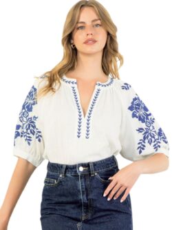 thml embroidered puff sleeve top in blue