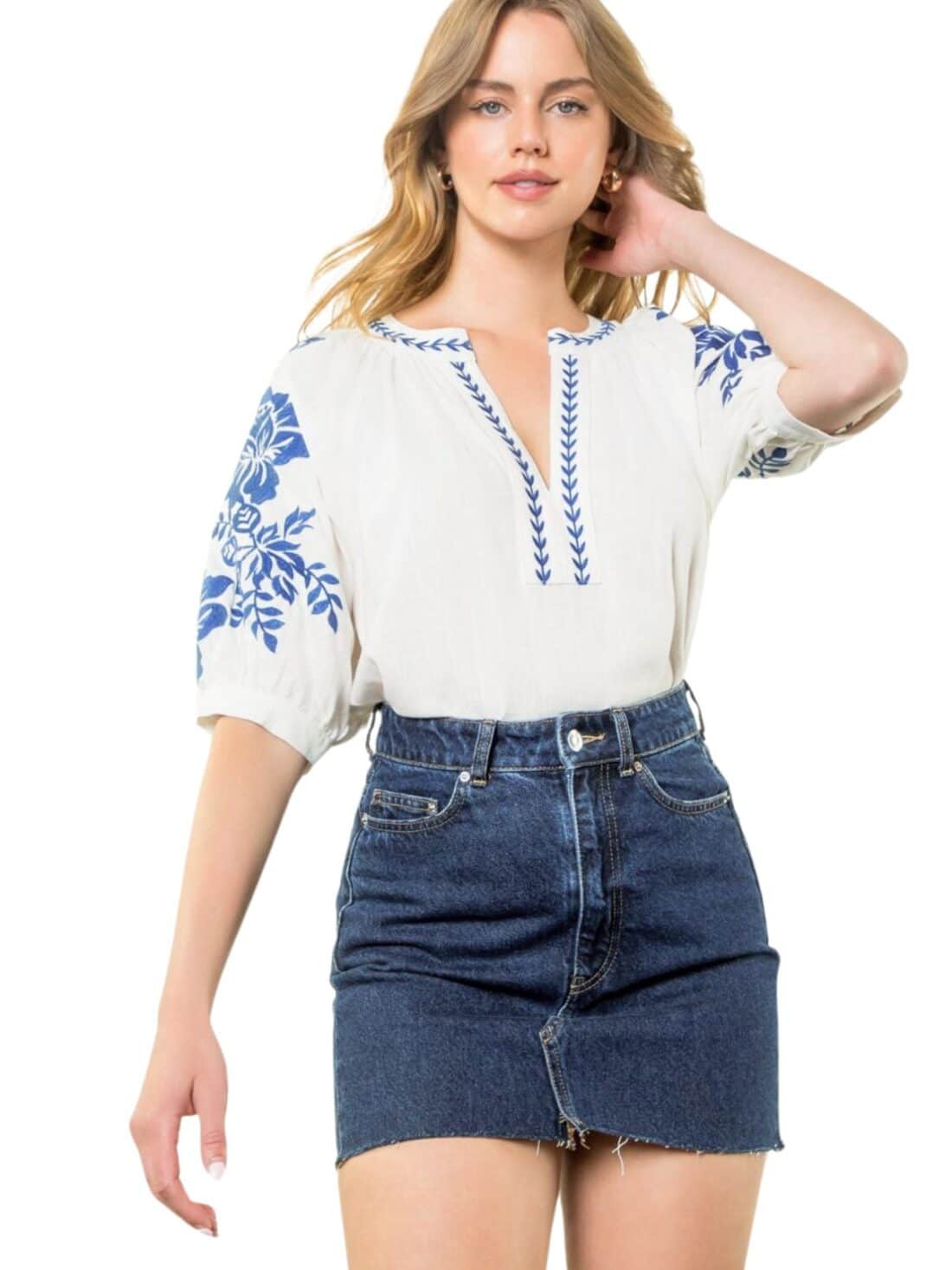 thml embroidered puff sleeve top in blue