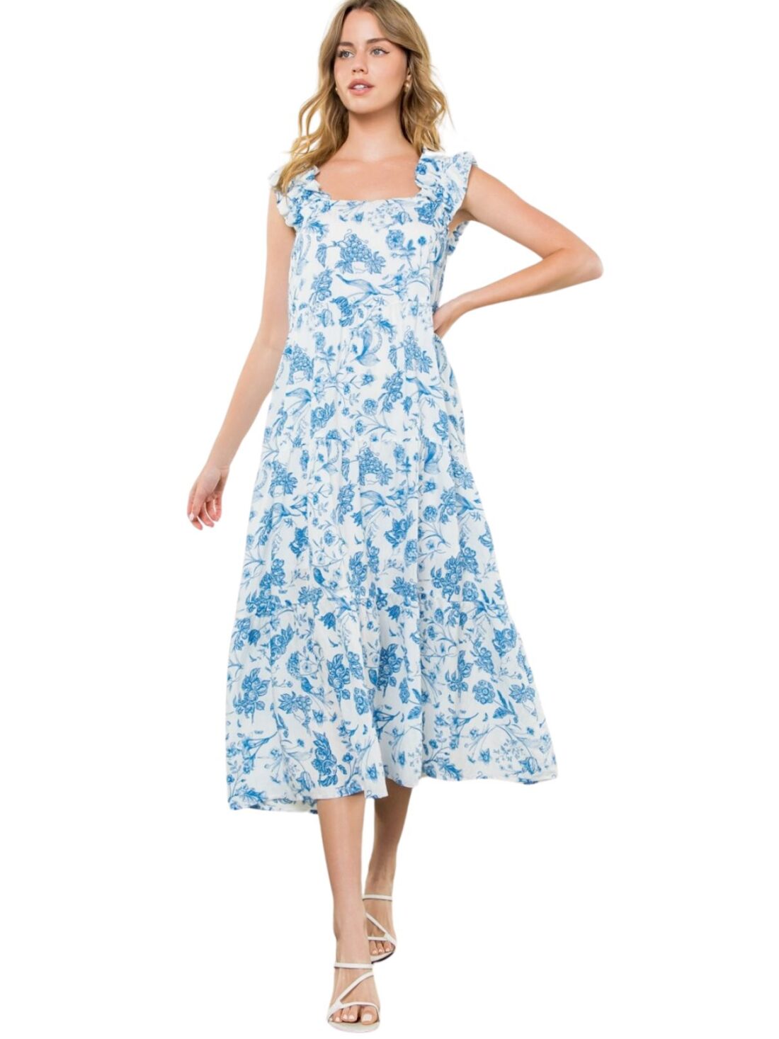 thml floral tiered midi in blue