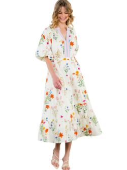 thml maxi puff sleeve flower print dress in white