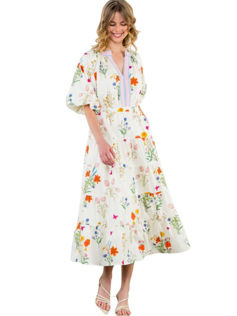 thml maxi puff sleeve flower print dress in white