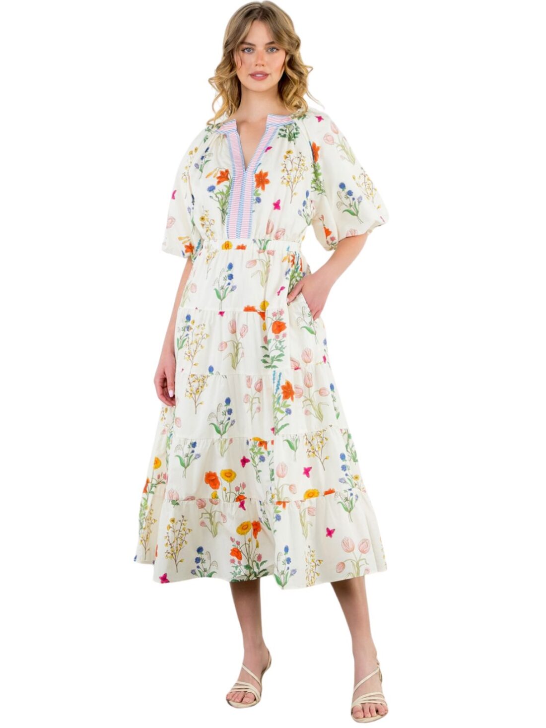 thml maxi puff sleeve flower print dress in white